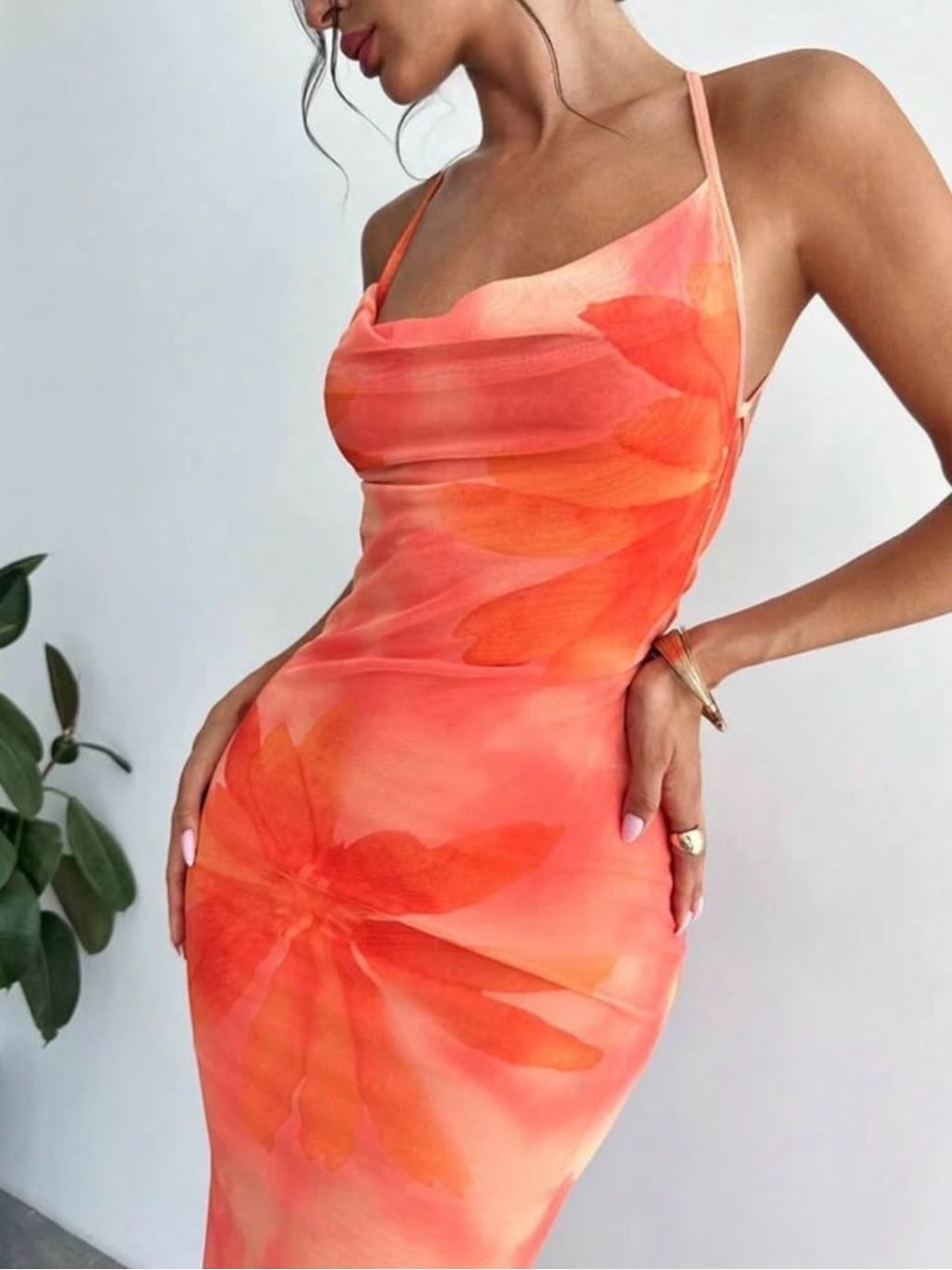 Floral Cowl Neck Slip Maxi Dress in Coral Orange